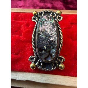 Abalone & Silver Tone Adjustable Statement Ring With Rope Detailing